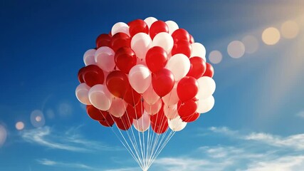 A large bunch of red and white balloons floating in the bright blue sky.