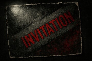 Grunge invitation card with red text on distressed black background, worn texture and torn paper edge, dark event design concept.