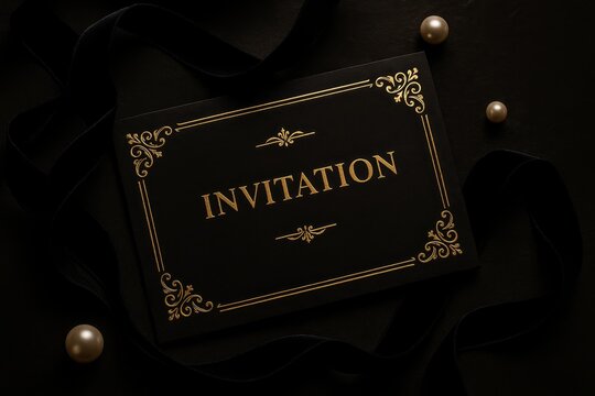 Black invitation card with gold ornate frame and text on dark background with ribbon and pearls, luxury event concept.