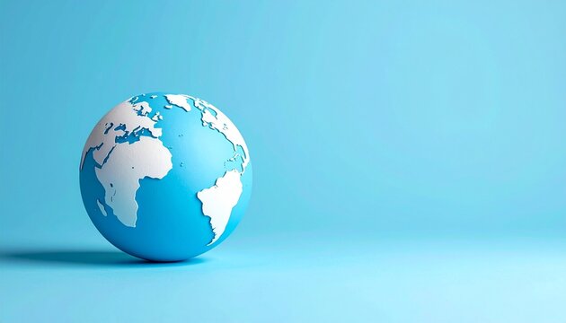 A stylized globe with white continents on a blue ocean, symbolizing global unity and environmental awareness.
