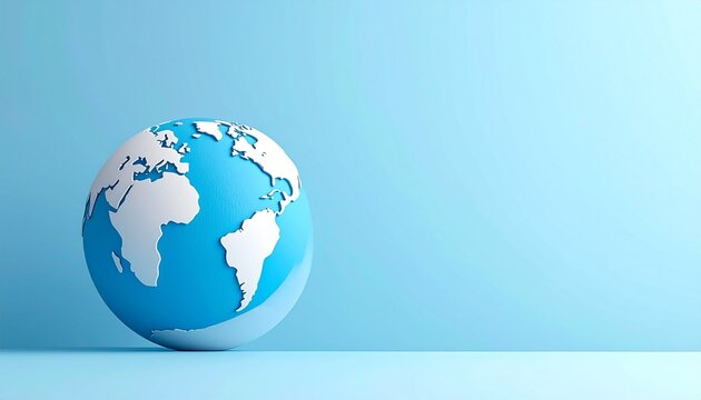 A stylized globe with white continents on a blue ocean, symbolizing global unity and environmental awareness.