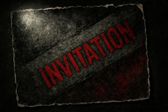Grunge invitation card with red text on distressed black background, worn texture and torn paper edge, dark event design concept. - Powered by Adobe