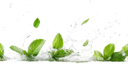Fresh mint leaves splashing in white liquid against a transparent background