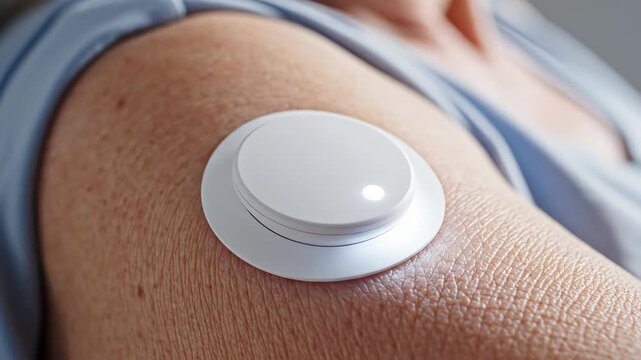 Woman attaching white circular sensor patch to arm. Medical wearable device application in closeup. Activation sequence with glowing light for health monitoring.