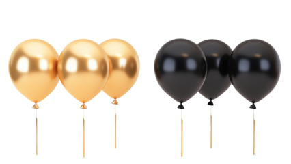 Shiny gold and black balloons floating against a solid transparent background