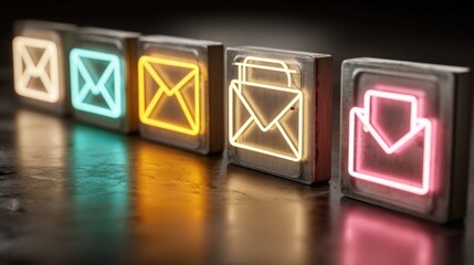 Neon email and envelope icons with glowing edges representing digital messaging, business communication, and modern corporate correspondence visuals