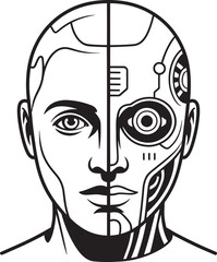 Cyborg Face Half Human Half Robot Vector Illustration In Black And White Style