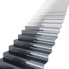 Abstract metallic staircase ascending into bright light against a black background