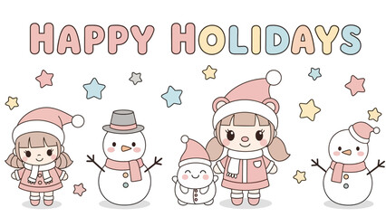 A charming and cute winter holiday scene featuring kawaii girls, friendly snowmen, and festive characters for seasonal greeting designs