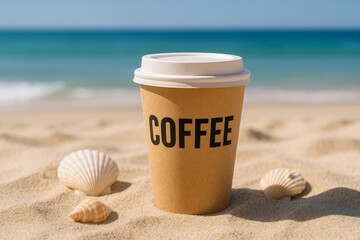 Takeaway coffee cup on sandy beach with seashells and ocean in background symbolizing summer relaxation and travel mood.