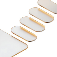 Row of oval shaped white objects with golden edges on black background