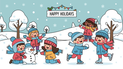 Hand-drawn winter scene with a diverse group of happy children playing in the snow, ice skating, and celebrating the festive holiday season