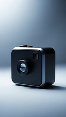 A sleek and modern minimalist black cubeshaped digital camera.