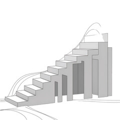 Abstract geometric white staircase structure against a black background