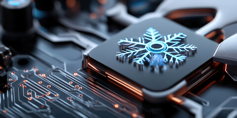 Microchip with blue glowing snowflake embedded in a dense circuit board, representing advanced cooling, energy efficient processing and high performance electronic systems