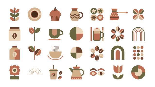Charming collection of geometric flat design coffee icons, featuring cups, beans, pots, and abstract elements in a warm, inviting color palette for branding and web assets