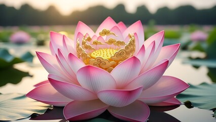 Close-up of a pink lotus flower blooming gracefully in a pond during the peaceful morning