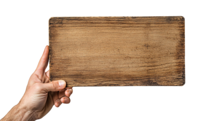 Hand holding a weathered wooden plank against a solid transparent background