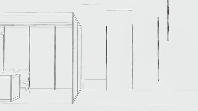 3D animation of exhibition booth 3x2 m phasing build-up. Modern trade show booth setup visualization showing frame, wall panels, and lighting structure in clean environment.