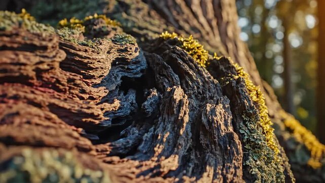 Deeply textured tree bark, adorned with vibrant green moss, illuminated by dappled golden sunlight in a tranquil forest, highlighting nature's intricate patterns and organic beauty