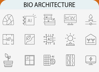 Bio architecture line icons set, AI sustainable building vector