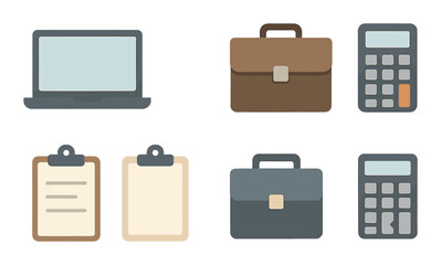 Business essentials: laptop, briefcase, calculator, documents icon set