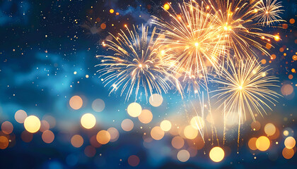 Fototapeta premium Dazzling gold fireworks with soft glowing orbs in the background, symbolizing joy, festivity, and celebration.