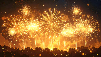 Dazzling gold fireworks bursting with glowing sparks, perfect for New Year and holiday celebrations.