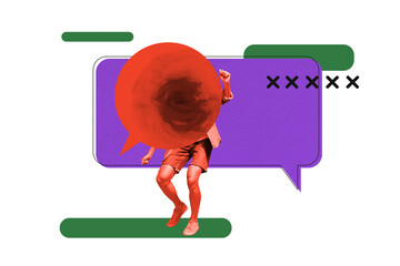 Naklejka premium Trend artwork creative sketch 3D photo collage of man legs chatting speech textbox email texting message dialog communication body dance