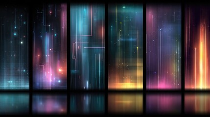Neon cyberpunk abstract backgrounds with dark themes, glowing geometric lines, futuristic motifs, and vibrant contrasts for digital media and entertainment