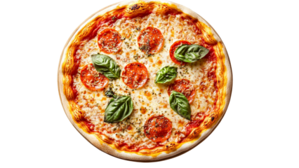 Delicious margherita pizza with fresh basil and sliced tomatoes on a transparent background