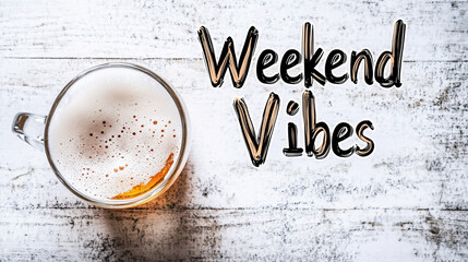 Refreshing beer mug and weekend vibes text on rustic wooden table top
