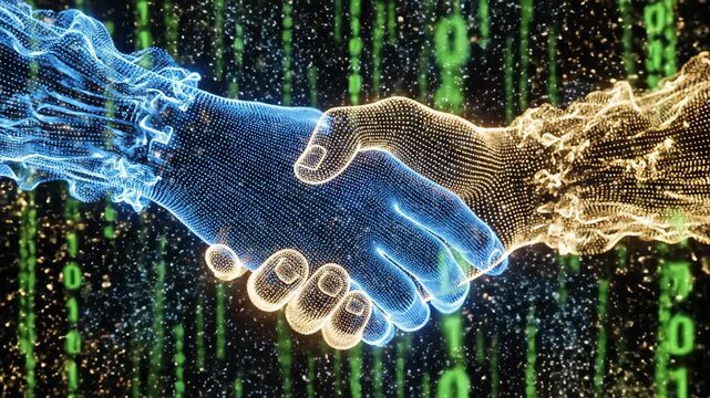 Cybernetic hands performing futuristic handshake. Robotic grip in digital matrix background. Technology partnership and ai collaboration concept