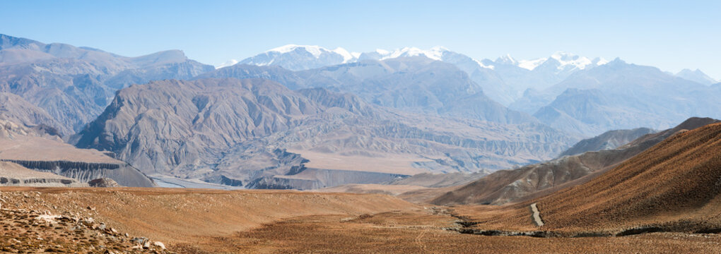Panoramic of arid valley and mountains, Upper Mustang region, Nepal