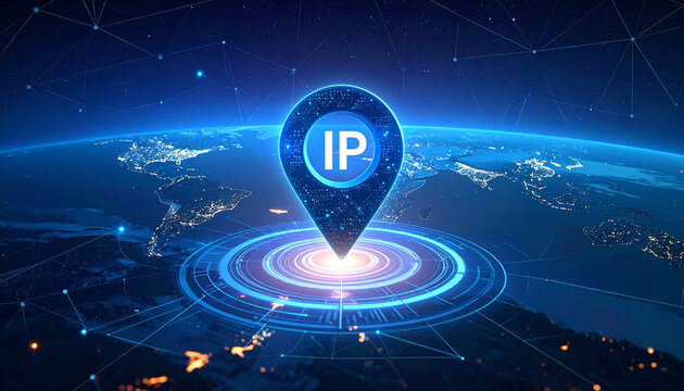 Glowing IP pin on a high-tech circuit map, representing digital identity, internet routing, and data networks.