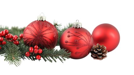 Festive red christmas ornaments and pine sprig with berries on transparent background