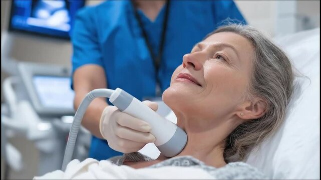A patient receiving a thyroid ultrasound, technician using ultrasound device on the neck, detailed hospital room interior, video