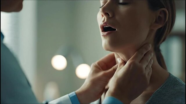 A doctor performing a thyroid examination on a patient, hands gently palpating the neck, bright modern clinic interior, video