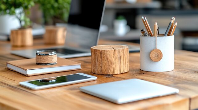 A modern office desk with a laptop, notebook, pens, and other accessories. The workspace is well-lit and organized, suggesting a productive environment.