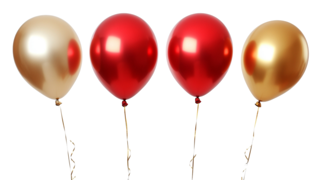 Four shiny metallic balloons in red and gold colors against a transparent background
