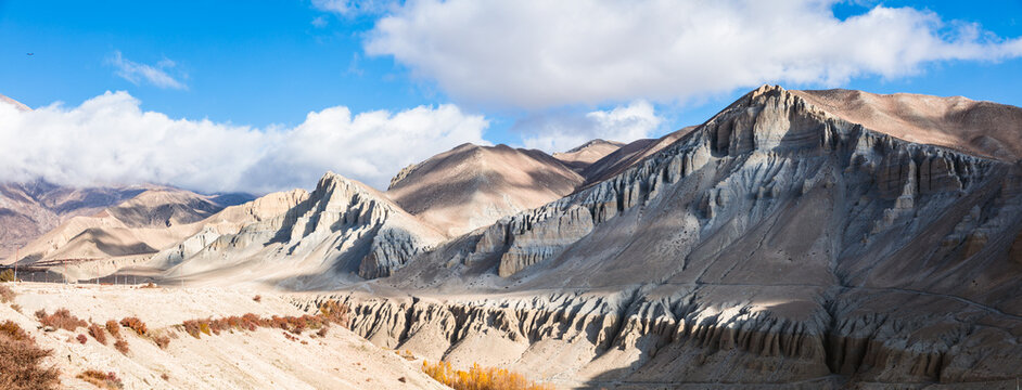 Panoramic of arid valley and mountains, Upper Mustang region, Nepal