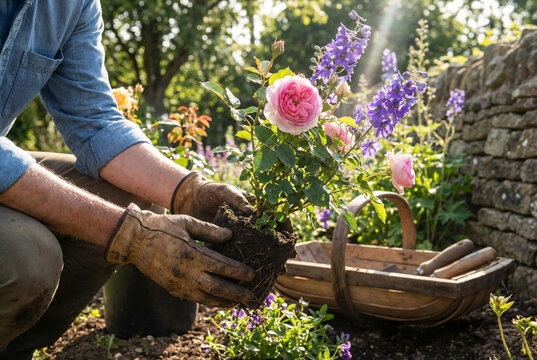 Gardener carefully planting vibrant pink roses and purple delphiniums in cottage garden on sunny day - Powered by Adobe