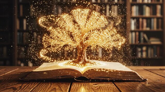 Magical golden tree growing from open book in library. Fantasy animation of knowledge and imagination emerging
