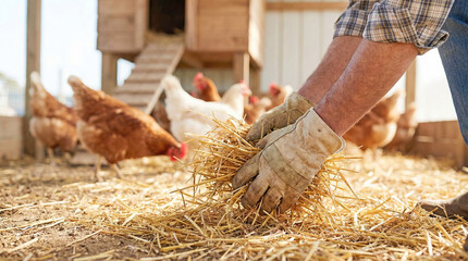 Farmer holding straw in chicken coop with hens in the background