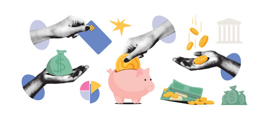 Hands holding coins, credit card, money bag and piggy bank on white background. Collage illustration. Finance and savings concept. Design for poster, banner, header, card, print