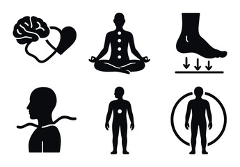 Holistic health icons: yoga, meditation, heart-brain connection, anatomy silhouettes