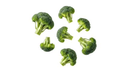 Fresh vibrant green broccoli florets artistically arranged and isolated, perfect for healthy eating, organic food, and nutritious lifestyle concepts on a transparent background promoting wellness