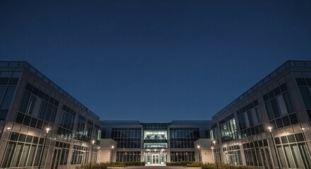 Modern office complex illuminated against a dark evening sky with visible stars