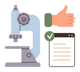 Obraz premium Microscope symbolizing research, thumbs-up for approval, checklist indicating tasks or verification. Ideal for science, education, quality control, productivity, laboratory work, research progress