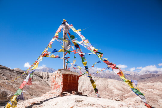 High mountain pass with flags, Upper Mustang, Nepal